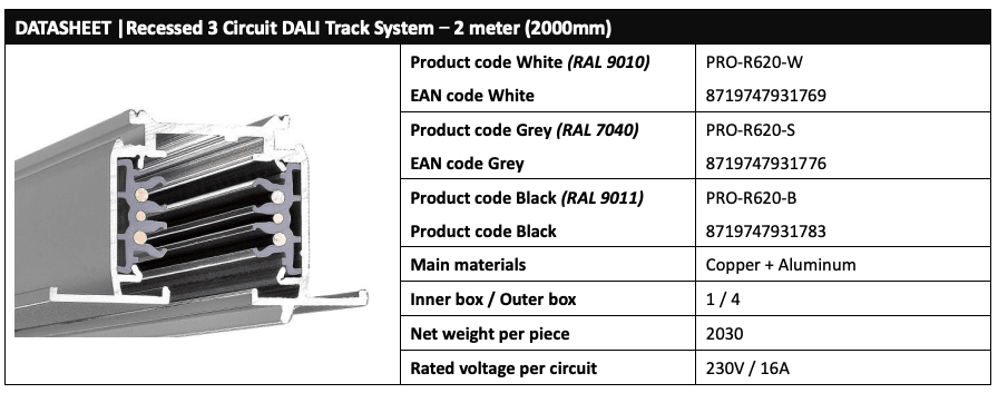 DALI 3 Circuit Recessed LED track 2M