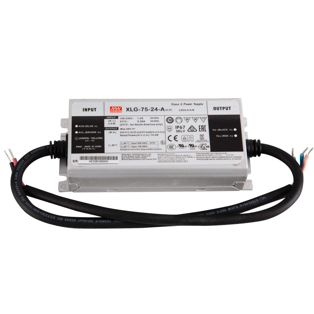 Mean Well XLG-75-24-A Class 2 LED power supply with input and output cables, rectangular metal casing, and printed label showing input/output specifications, certifications, and wiring details.