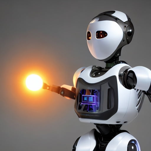 A humanoid robot holding a glowing orb of light in its right hand, with a sleek white and black body and illuminated components in its chest.