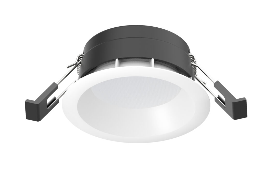 Round recessed LED downlight with a white trim and black heat sink, designed for ceiling installation.