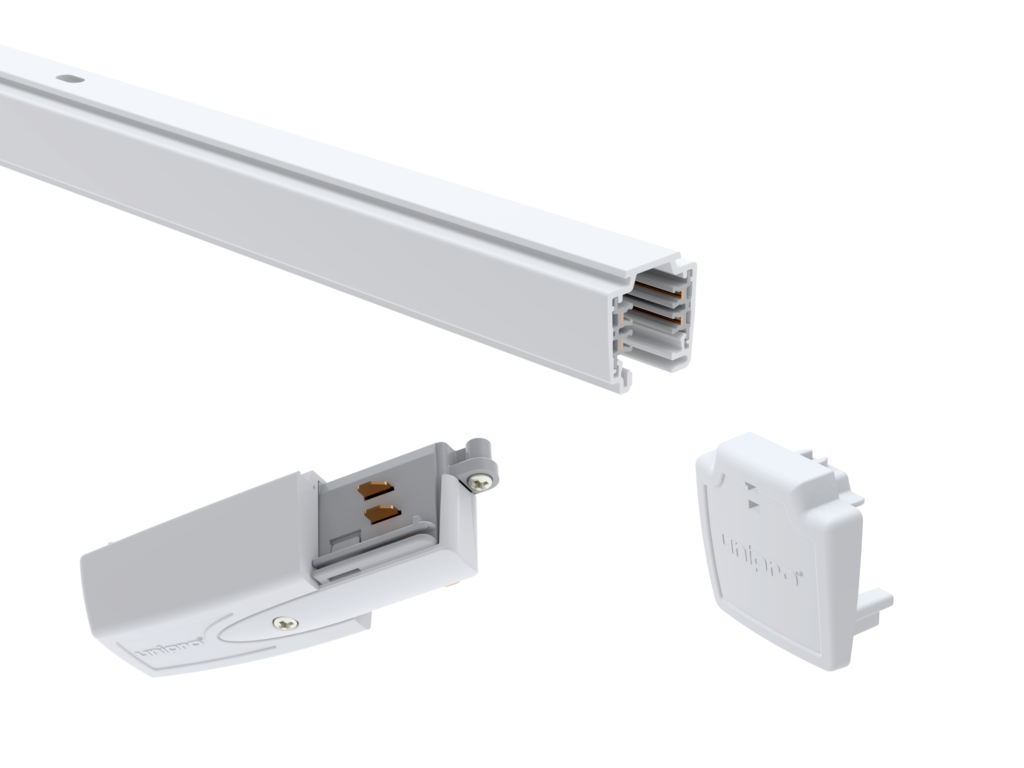 White surface-mounted track lighting system with a connector and end cap shown separately, highlighting modular components and installation details.