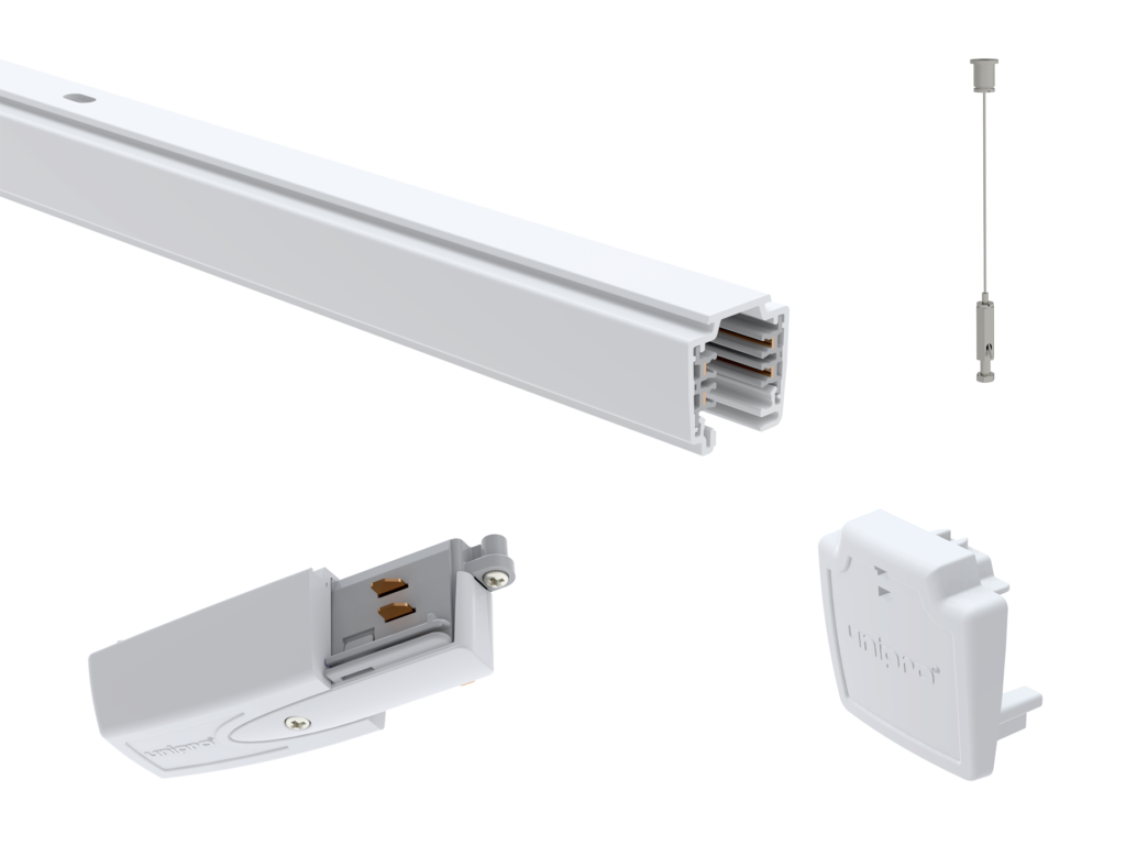 White surface-mounted track lighting system with a connector and end cap shown separately, highlighting modular components and installation details.
