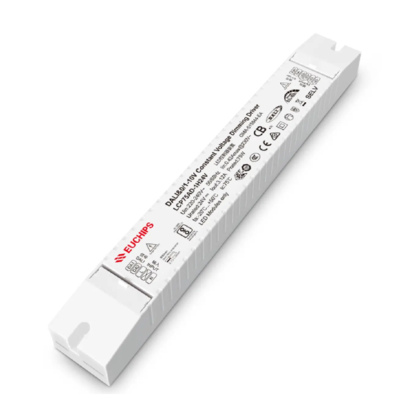 White rectangular LED dimming driver with EUCHIPS branding, featuring technical specifications printed on the top, including input and output voltage details, certification logos, and a compact form factor designed for indoor lighting applications.