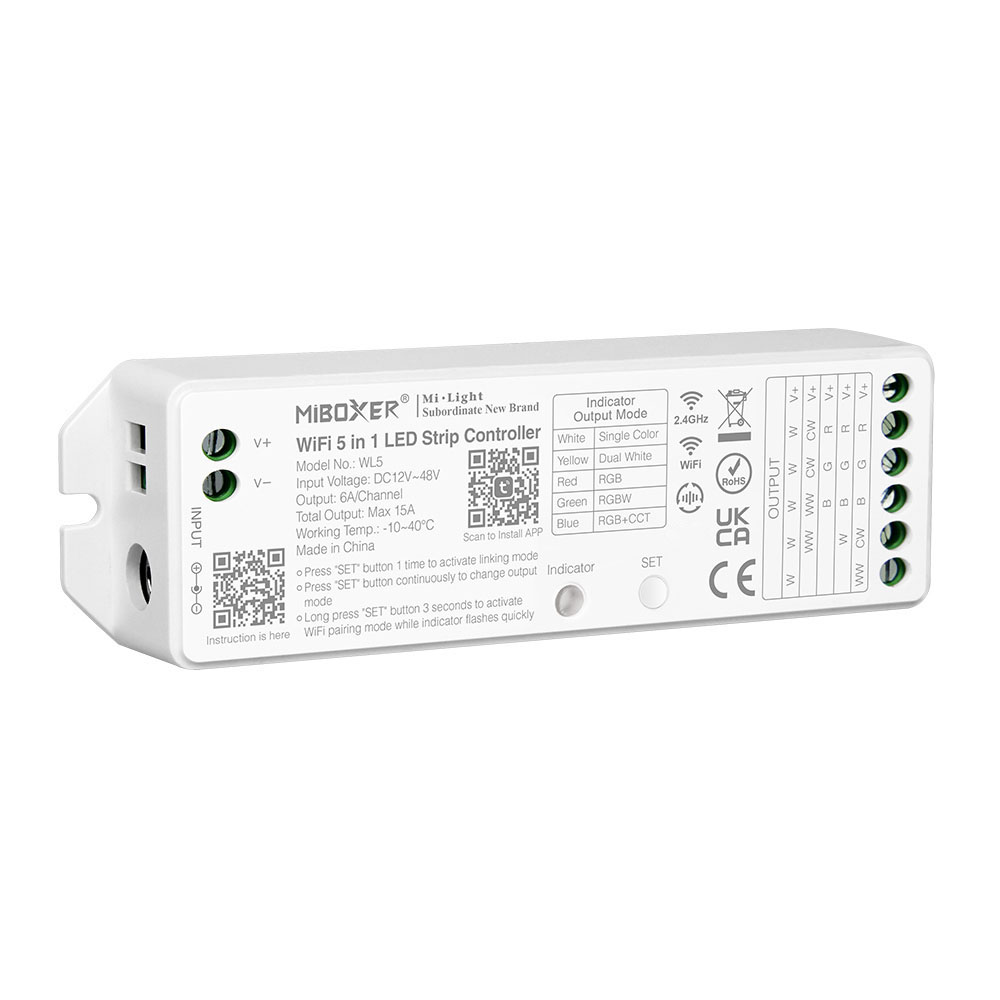 MiBOXER WiFi 5-in-1 LED strip controller in white, showing input and output terminals, model WL5, with printed instructions.